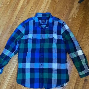 Men's Blue and Green Plaid Flannel Shirt
